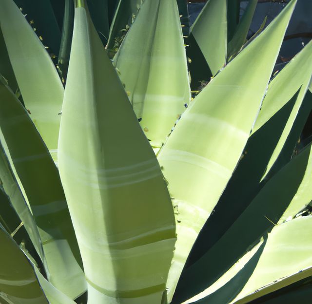 Agave leaves illuminated by sunlight, emphasizing their texture and vibrant green color. Ideal for nature-themed projects, botanical illustrations, gardening websites, or outdoor landscape promotions.