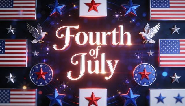 Glowing fourth of july lettering with american flags, 3d stars and eagles for patriotic celebration