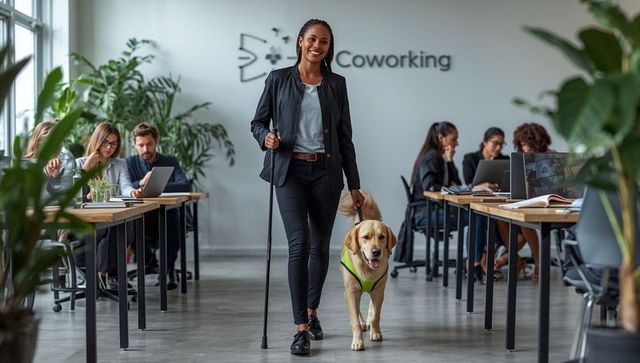 Confident Visually Impaired Woman and Guide Dog in Modern Coworking Space