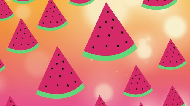 Illustration of watermelon slices floating over an orange and red gradient background with bokeh effect. Use for summer-related graphics, fruit-themed designs, or bright, colorful digital artworks to add freshness and vibrancy.