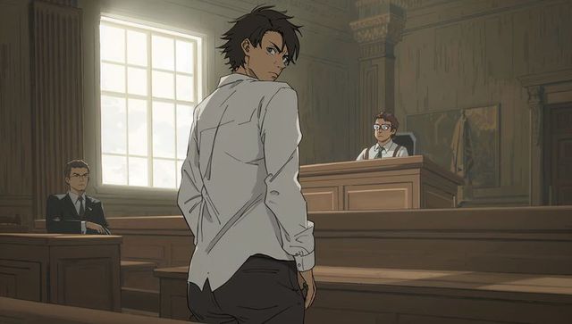 Defiant defendant turning back in tense courtroom drama anime scene with judge and jury