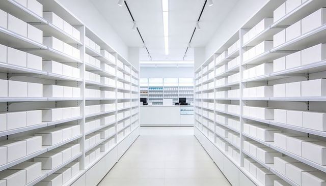 Minimalist white retail aisle showing symmetrical shelving, tiled walkway, service counter