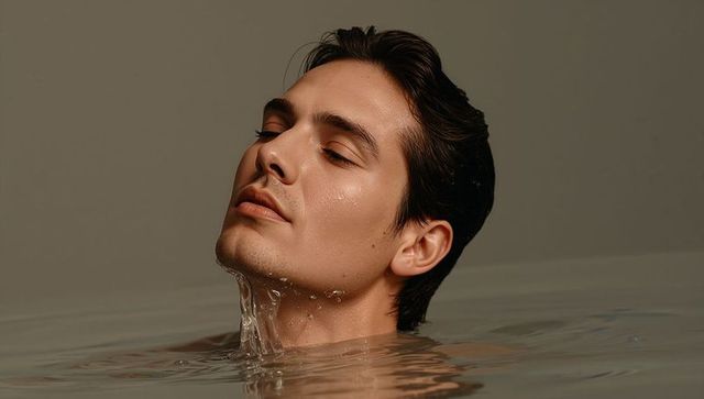 Male model emerging from water tilting head back closing eyes serene studio closeup