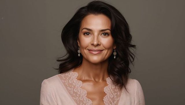 Elegant woman in lace trimmed blouse smiling in studio