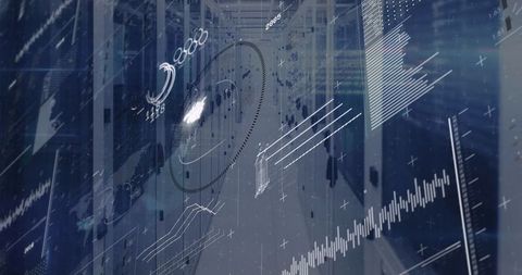 Futuristic digital data dashboard over corporate office corridor