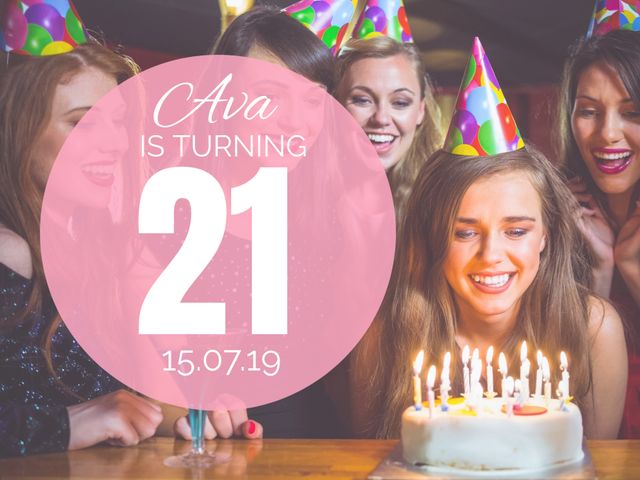 Vibrant scene of a young woman celebrating her 21st birthday surrounded by friends wearing party hats. Everyone wears joyful expressions as they admire the cake with lit candles. Perfect for creating birthday invitations, social media announcements, and festive event posters, illustrating a milestone birthday celebration among friends.