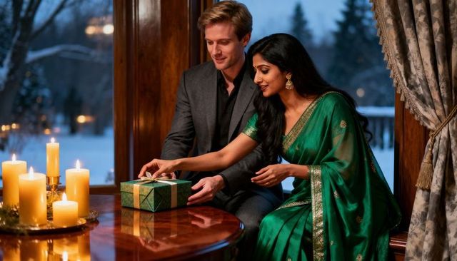 Couple unwrapping gift by candlelight in winter home, woman wearing green sari