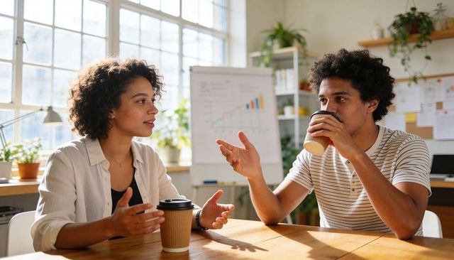 Young coworkers brainstorming over coffee in bright sunlit modern office space