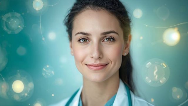 Smiling female physician in white coat with stethoscope conveying calm professionalism