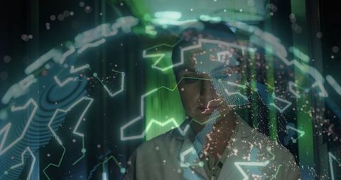 Female Researcher Analyzing Holographic Globe in Tech Lab