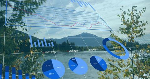 Translucent 3D Financial Chart Over Serene Lakeside