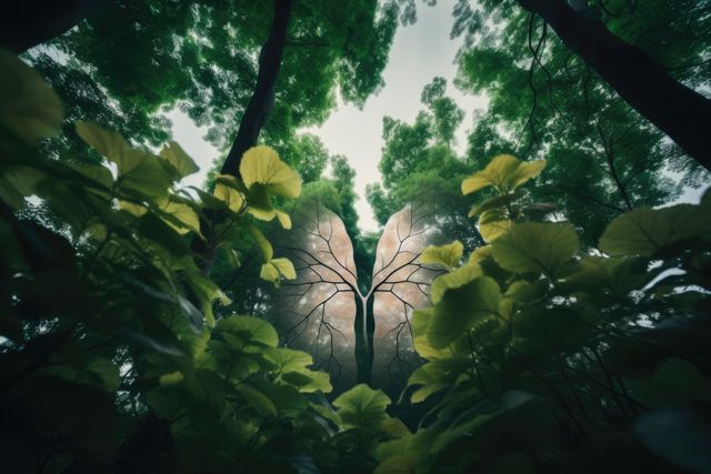 Green leaves and lungs over forest, created using generative ai technology. Ecology, nature and harmony, digitally generated image.