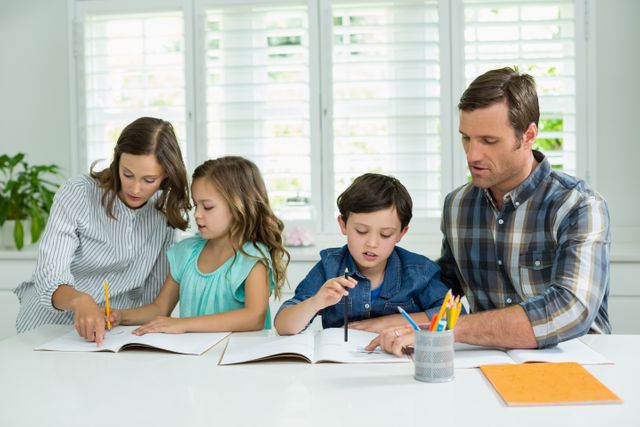 Parents are helping their children with homework at home. The family is sitting together at a table in a bright living room. This image can be used for educational content, parenting blogs, family-oriented advertisements, and articles about home learning and family support.