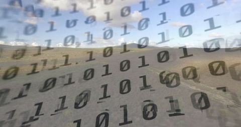 Binary Code Overlay on Rural Landscape Indicates Digital Technology