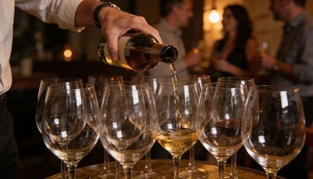 Pouring white wine into stemware at intimate wine tasting and cocktail gathering