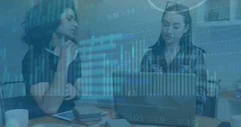 Team Collaborating with Overlay of Financial Data and Charts