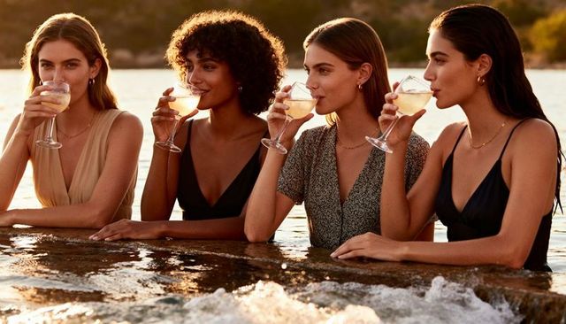 Four friends sipping white wine on sunken lake ledge at golden hour