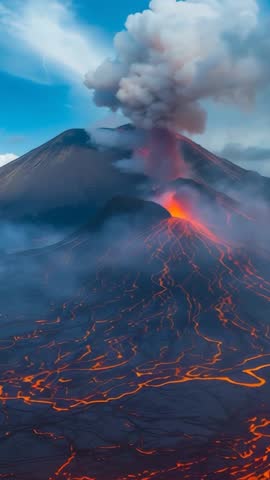 Erupting volcano sending towering ash plume and streaming lava down slopes in vertical video