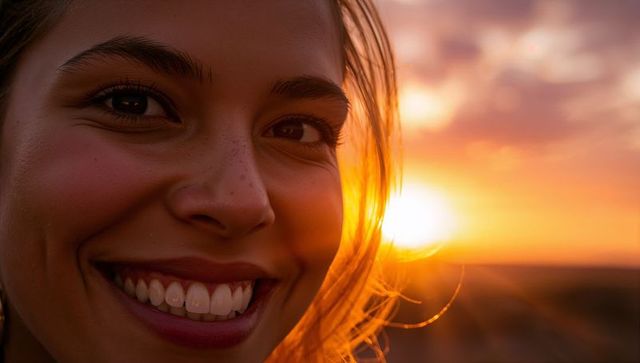 Close-up smiling young woman at sunset with glowing backlit hair and lens flare