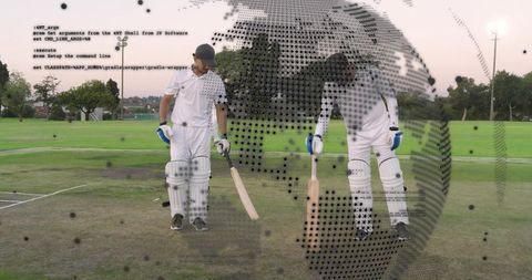Two cricketers standing on outfield at dusk with digital code and halftone globe overlay