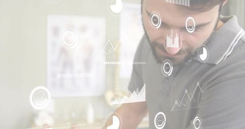 Healthcare technician studying holographic data visualizations clinic workspace for care