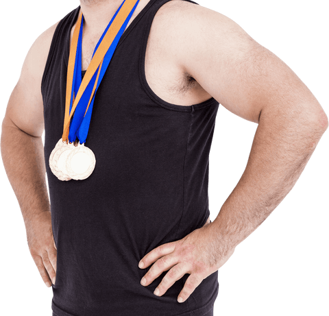 Athlete Wearing Multiple Medals on Black Tank Top Transparent Background