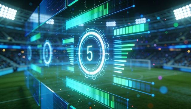 Augmented reality sports analytics showing live holographic metrics over soccer stadium
