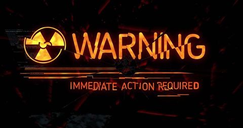 Warning alert with cybersecurity disruption graphics