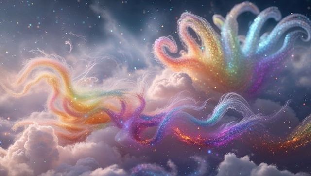 Colorful Cosmic Dust Ribbons in Surreal Clouded Sky