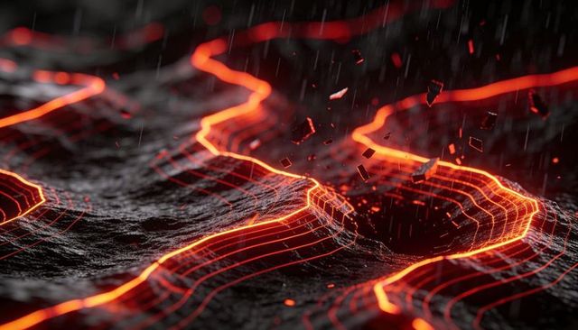 Neon lava grid terrain with glowing contour lines and central crater, futuristic sci-fi