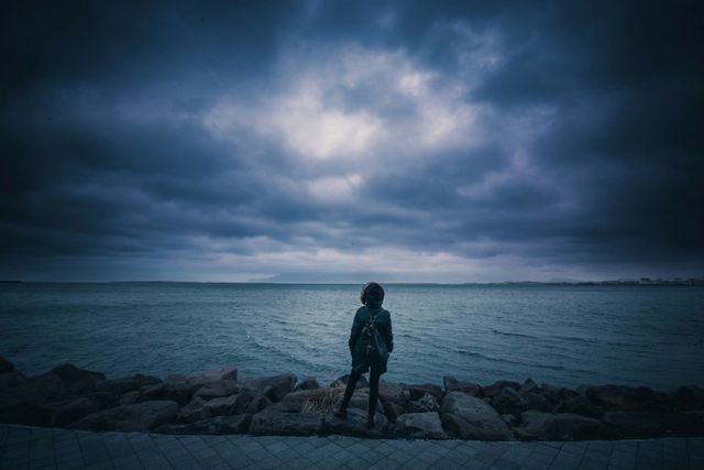 Solitary Person Standing on Rocky Shore Under Cloudy Sky - Download Free Stock Photos Pikwizard.com