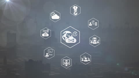 Global Network Icons in Mesmerizing City Landscape