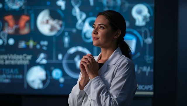 Doctor contemplating brain, dna and heart infographics while wearing lab coat