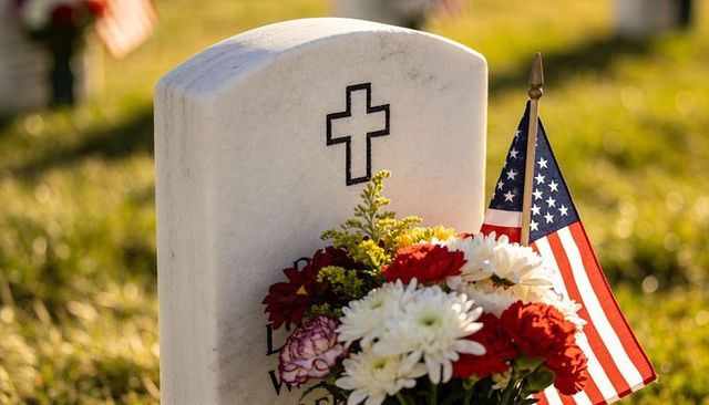 American military gravestone with flag and red white flowers at sunrise veterans cemetery