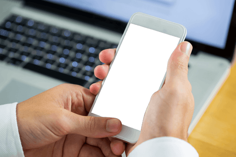 Hands holding smartphone transparent device blank screen