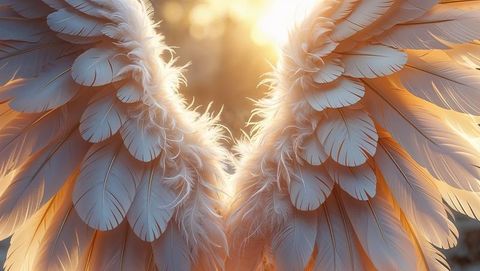 Luminous white feathered angel wings in ethereal sunrise ambiance