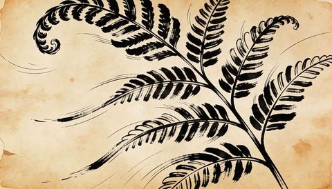 Ink brush fern frond on aged parchment, vintage sepia botanical illustration