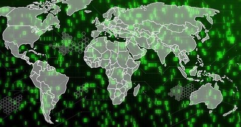 Neon green digital world map showing global cyber network, data grid and hex overlay