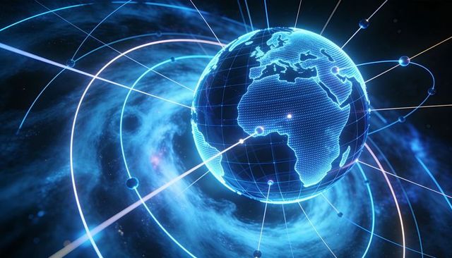 Glowing digital earth orbiting with networked satellites in futuristic space