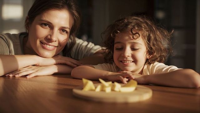 Mother and child smiling together watching cheese slices on wooden cutting board