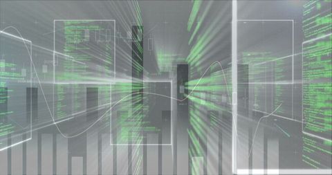 Futuristic data dashboard visualizing neon green code and 3D analytics interface