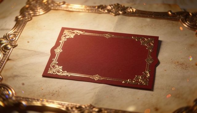 Maroon invitation card with gold filigree border on vintage parchment and ornate frame