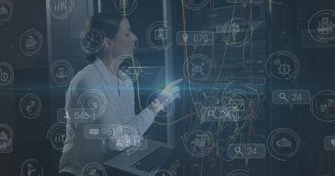 female engineer managing server room with digital icons overlay - Download Free Stock Images Pikwizard.com