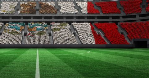 This vivid illustration showcases the flag of Mexico depicted using colorful stadium seats, emphasizing Mexican nationalism and excitement during a sports event. The luxurious gold confetti adds a festive ambiance, perfect for illustrating themes of national pride. Ideal for promotions related to sports events, patriotic celebrations, or marketing materials showcasing support for Mexico.