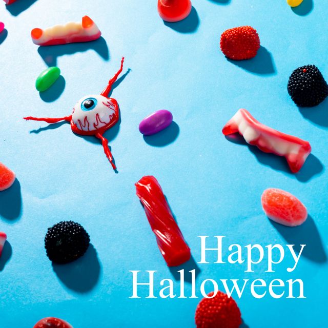 Bright, festive image showcasing a selection of colorful and spooky Halloween candies on a contrasting blue background with a 'Happy Halloween' text overlay. Ideal for Halloween party invitations, social media posts, advertisements for candy brands, blog headers discussing Halloween preparations, or greeting cards.