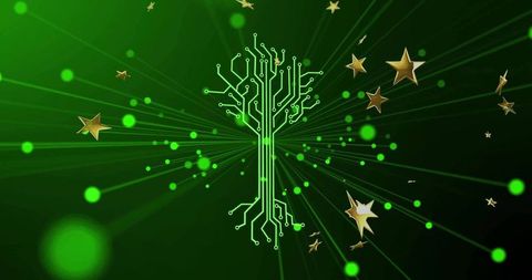 Digital tree circuit with radiating green light and golden stars