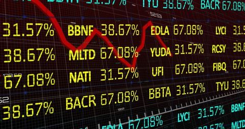 Displaying stock market board with red trend line, LED tickers and neon analytics grid