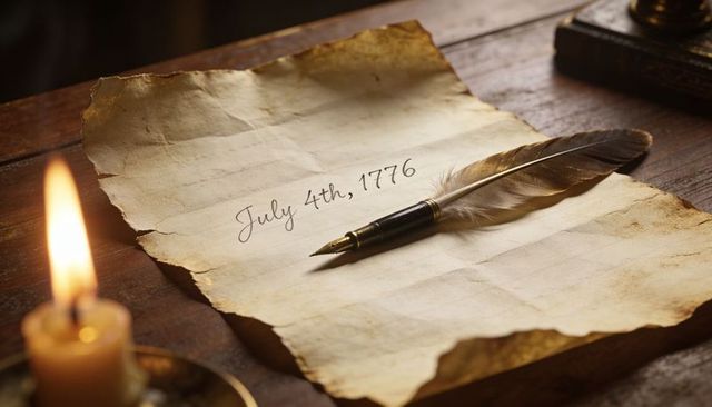 July 4th 1776 declaration of independence on aged parchment with quill and candlelight