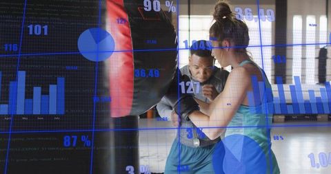 Trainer guiding boxer correcting jab with performance analytics overlay for gym training
