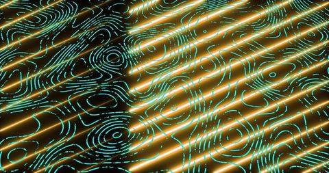 Futuristic metallic surface with neon teal contour lines and diagonal golden light bands